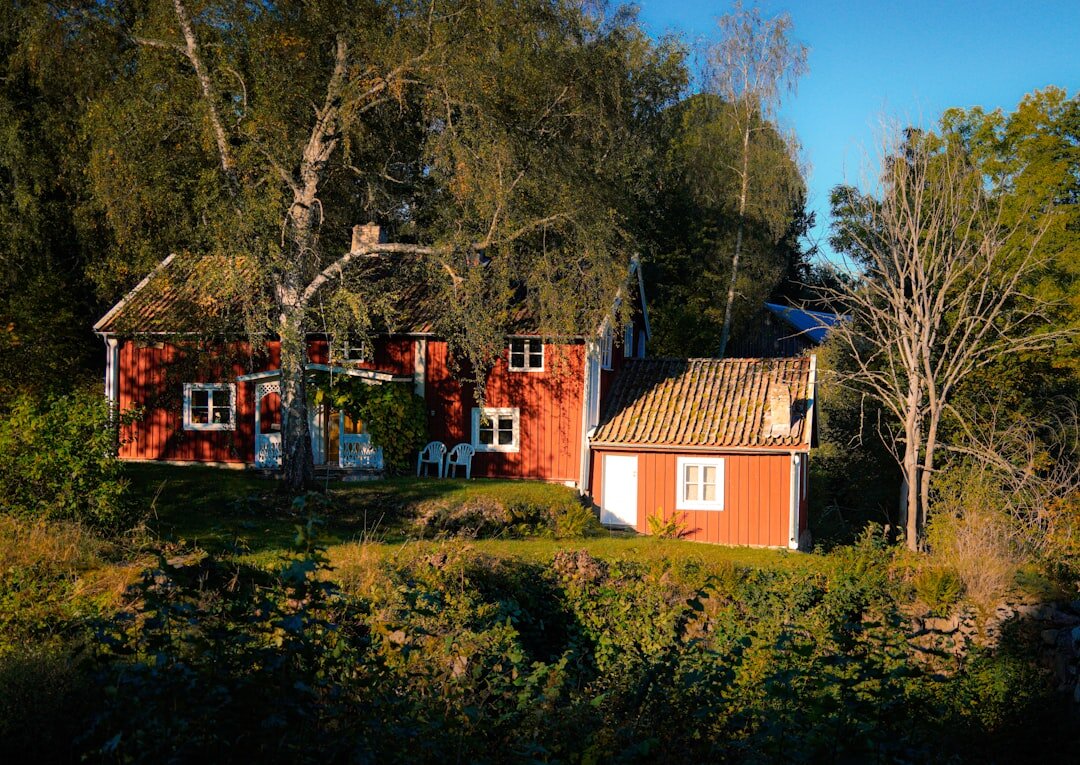 Röd stuga vid vattnet i skärgården
